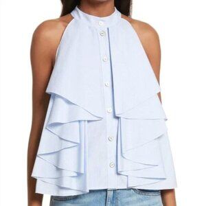 $395 Caroline Constas Blue White Pinstripe Adrie Poplin Pleated Blouse size XS